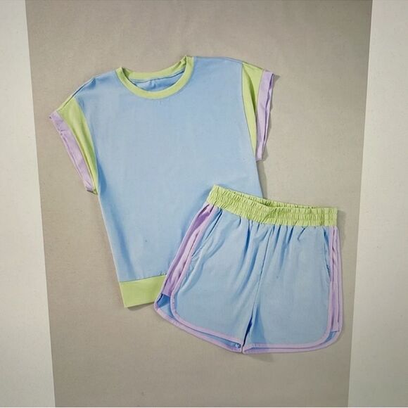 Blue Purple Green Shorts Set Stretch Knit Plus Size 2XL - Picture 6 of 7